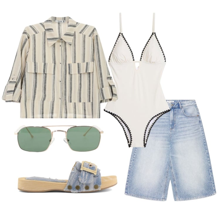 Outfit donna - Agosto. Stile Trendy per Tutti i giorni. Abbinamento con costumi interi, pantaloni corti, camicie a manica corta, occhiali da sole, ciabatte.