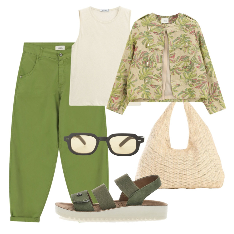 Outfit donna - Passeggiata in città. Stile Urban per Tutti i giorni. Abbinamento con shopping bag, occhiali da sole, blazer, pantaloni, top, sandali.