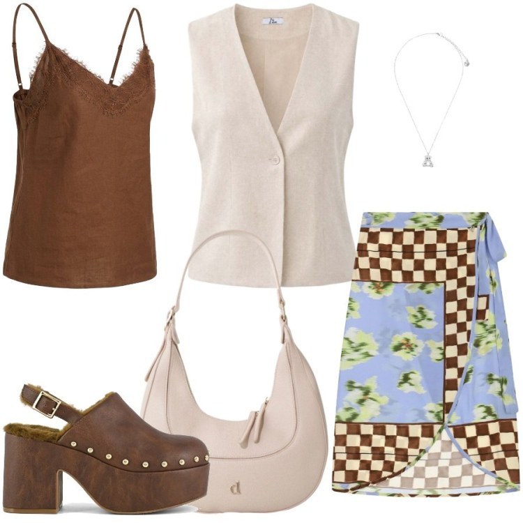 Outfit donna - Total look #2452467. Stile Casual chic per Tutti i giorni. Abbinamento con gilet, gonne longuette, borse a tracolla, top, ciondoli, sabot.