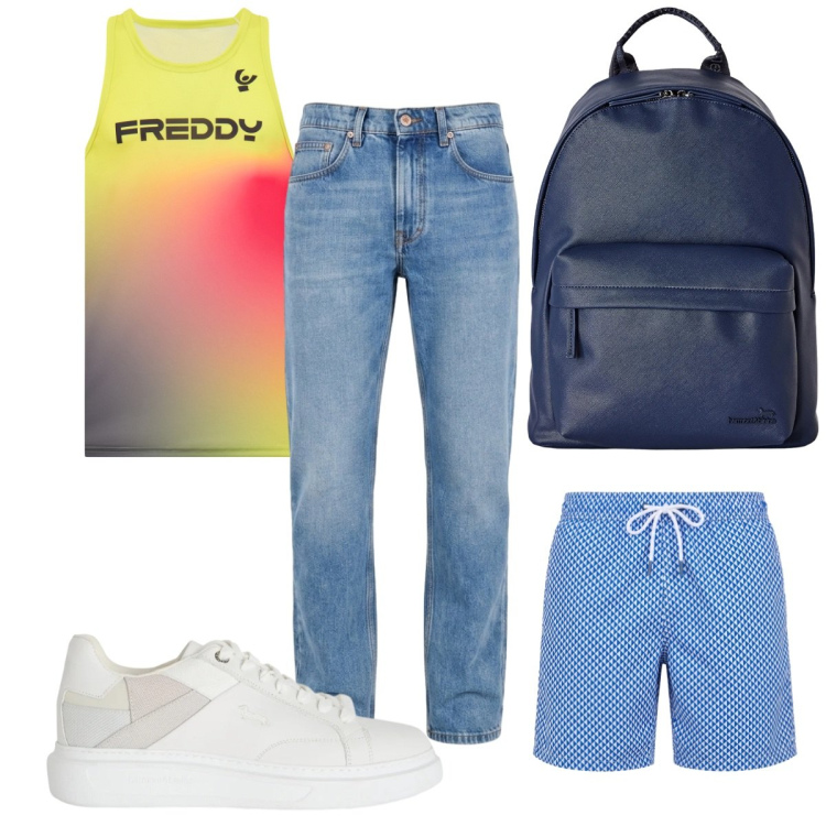 Outfit uomo - Total look #2452475. Stile Trendy per Mare. Abbinamento con sneakers, jeans, borse sportive, costumi, canottiere.