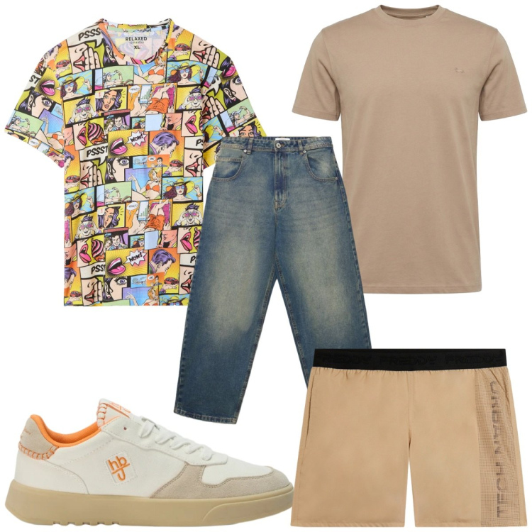 Outfit uomo - Total look #2452478. Stile Trendy per Mare. Abbinamento con t-shirt, sneakers, t-shirt, jeans, costumi.