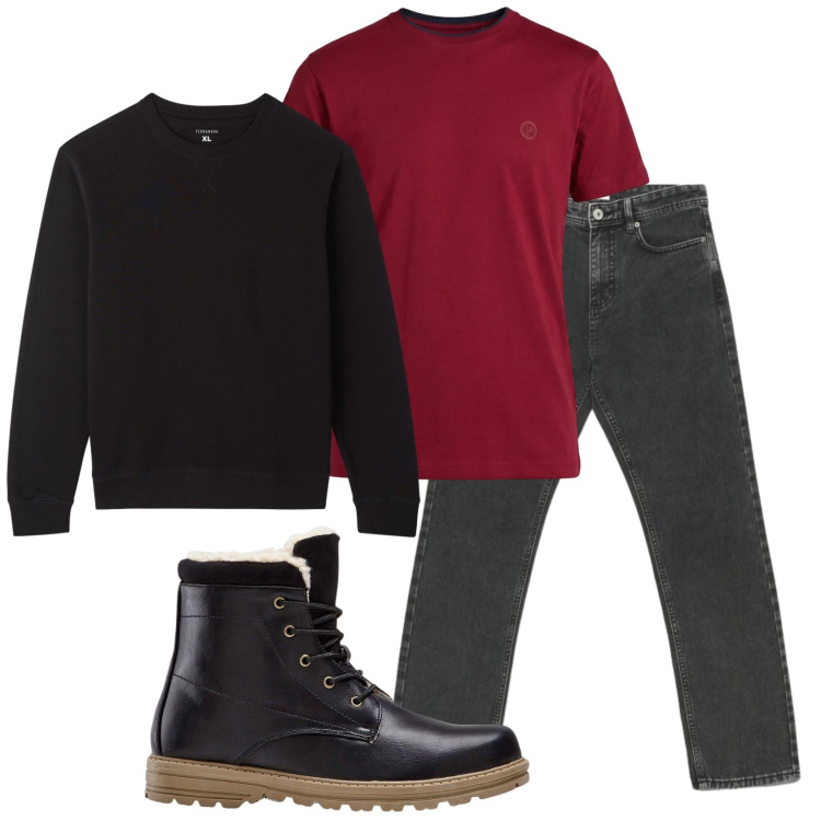 Outfit uomo - Total look #2452479. Stile Casual per Tutti i giorni. Abbinamento con stivali e stivaletti, t-shirt, jeans dritti, felpe.