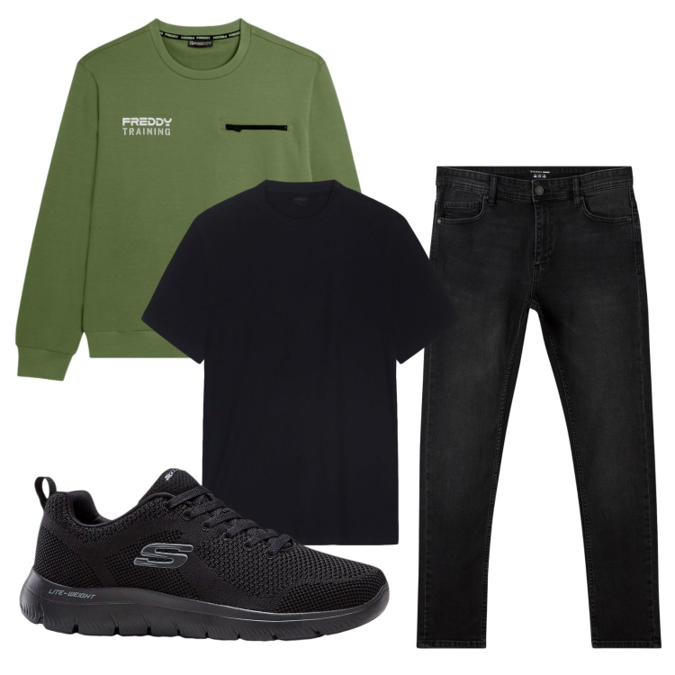 Outfit uomo - Total look #2452480. Stile Urban per Tutti i giorni. Abbinamento con sneakers, jeans skinny, t-shirt, felpe.