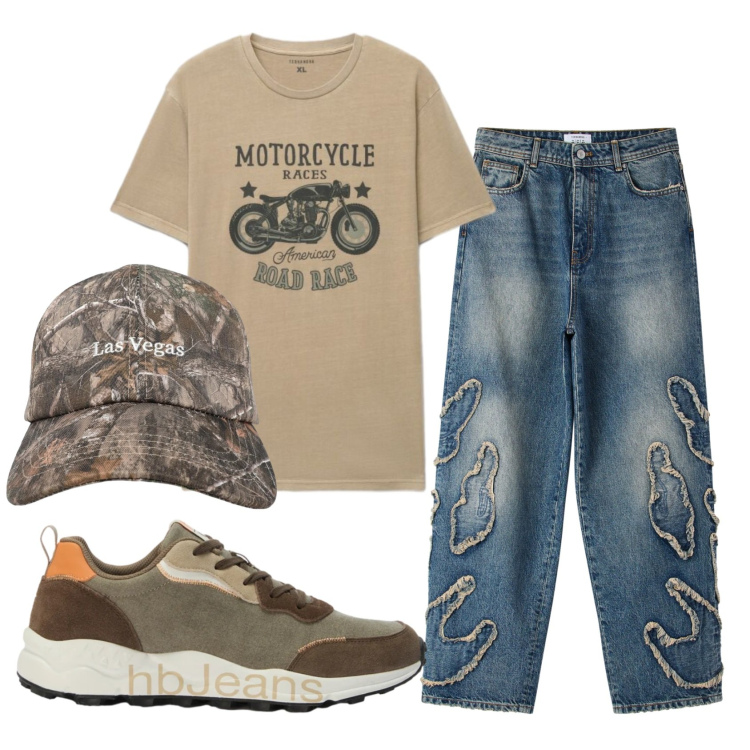 Outfit uomo - Total look #2452482. Stile Casual per Tutti i giorni. Abbinamento con sneakers, cappelli con visiera, t-shirt, jeans.