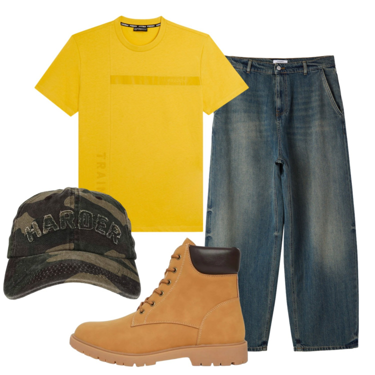 Outfit uomo - Total look #2452488. Stile Biker Rock per Tutti i giorni. Abbinamento con cappelli con visiera, jeans, stivali e stivaletti, t-shirt.