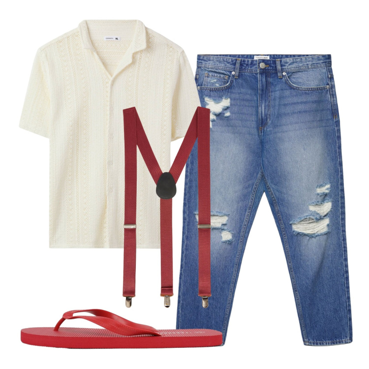 Outfit uomo - Total look #2452490. Stile Trendy per Serata speciale. Abbinamento con camicie a manica corta, jeans strappati, sandali, bretelle.