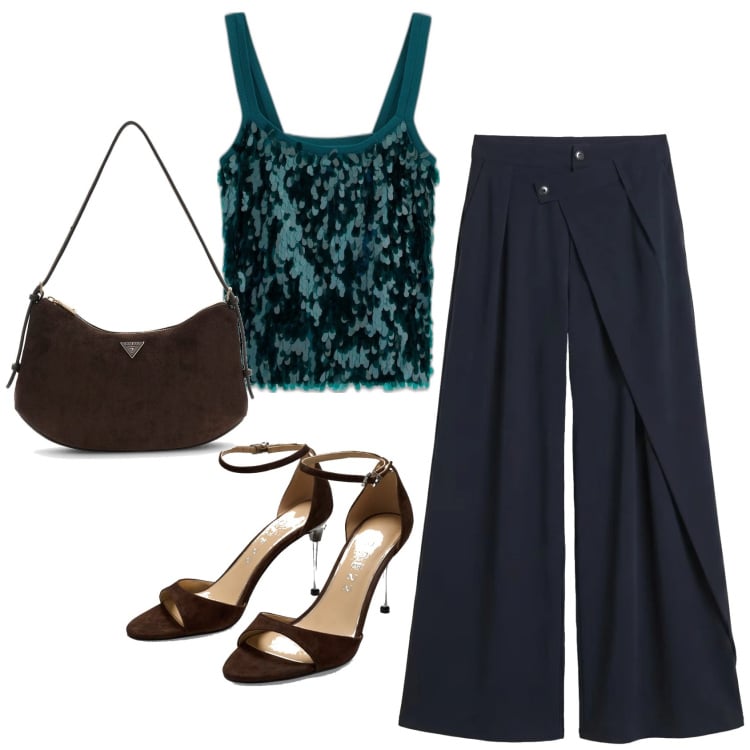 Outfit mujer - Trendy look. Estilo Trendy para Todos los días. Combinación con pantalones, sandalias de tacón, bolsos de hombro, top.