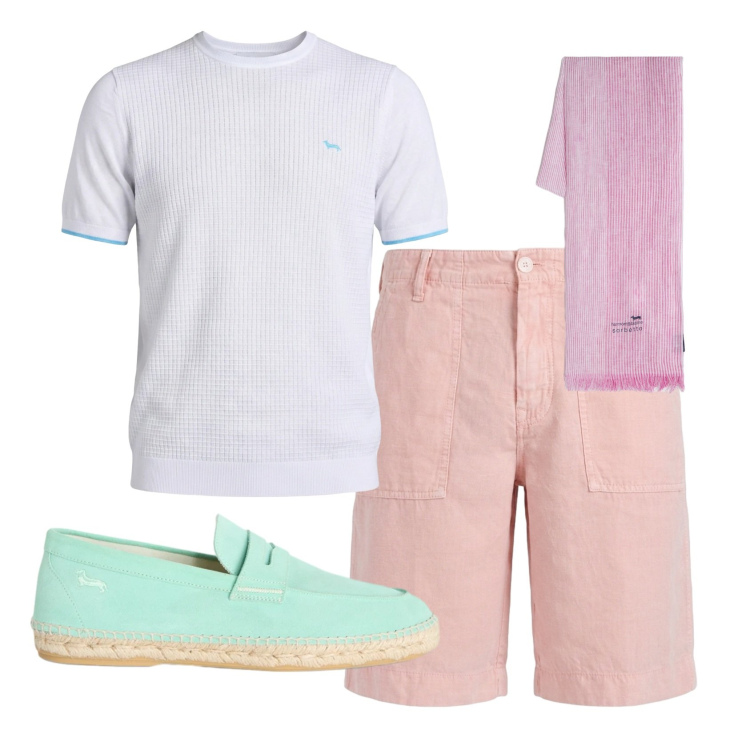 Outfit uomo - Total look #2452499. Stile Trendy per Tutti i giorni. Abbinamento con t-shirt, sciarpe, espadrillas, bermuda.