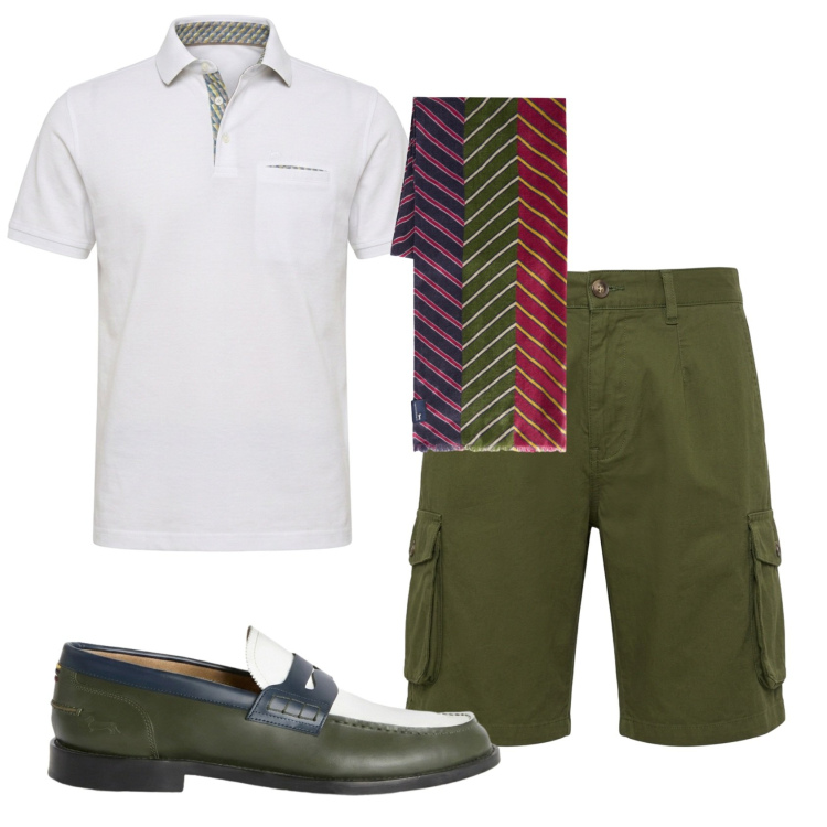 Outfit uomo - Total look #2452500. Stile Trendy per Tutti i giorni. Abbinamento con bermuda, scarpe stringate, sciarpe, polo.