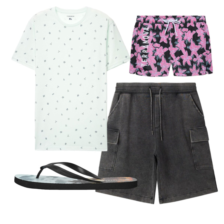 Outfit uomo - Total look #2452508. Stile Casual per Mare. Abbinamento con sandali, bermuda, costumi, t-shirt.