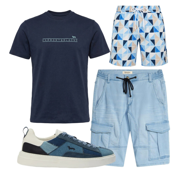 Outfit uomo - Total look #2452514. Stile Casual per Mare. Abbinamento con bermuda, t-shirt, sneakers, costumi.