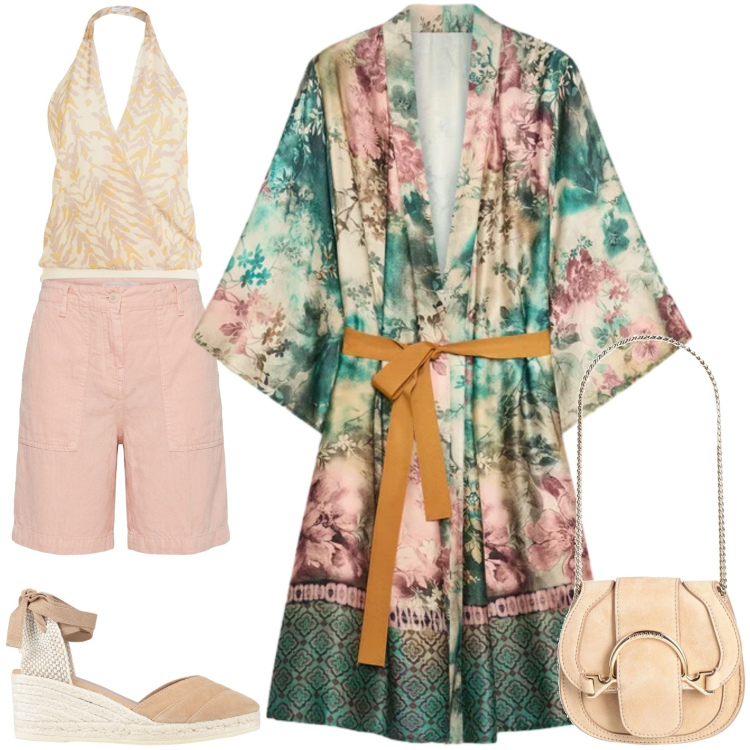 Outfit donna - Kimono. Stile Chic per Tutti i giorni. Abbinamento con marsupi, body, espadrillas, bermuda, kimono.