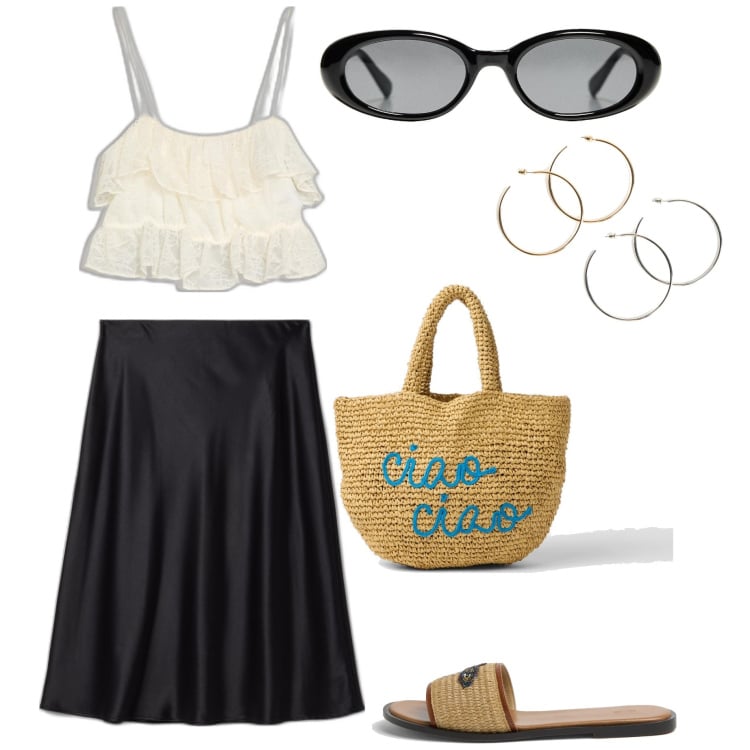 Outfit mujer - Casual #7201. Estilo Casual para Todos los días. Combinación con gafas de sol, falda longuette, sandalias, top, pendientes, mochilas.