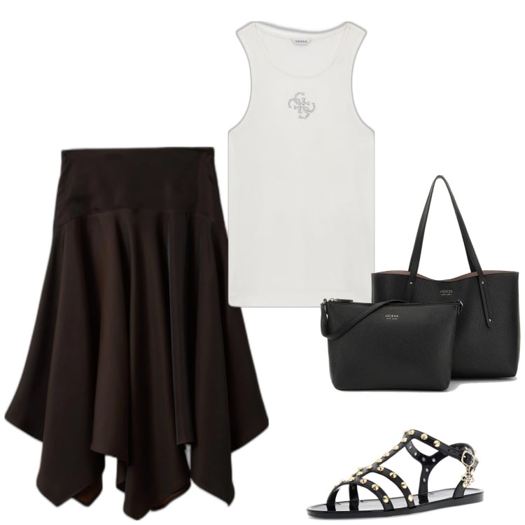 Outfit mujer - Casual #7202. Estilo Casual para Todos los días. Combinación con sandalias de piel, falda longuette, camisetas sin mangas, bolso shopper.