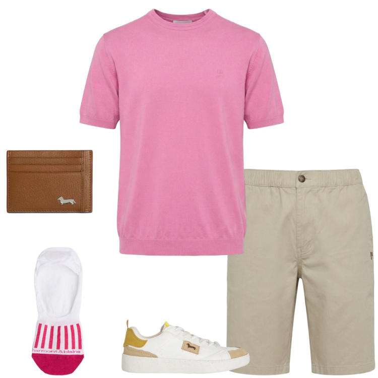 Outfit uomo - T-shirt protagonista. Stile Casual per Tutti i giorni. Abbinamento con sneakers, calzini, t-shirt, bermuda, portafogli.