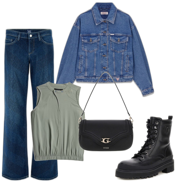 Outfit mujer - Chic #7593. Estilo Chic para Todos los días. Combinación con camisetas sin mangas, blazers, bolsos de mano, anfibios, vaqueros rectos.