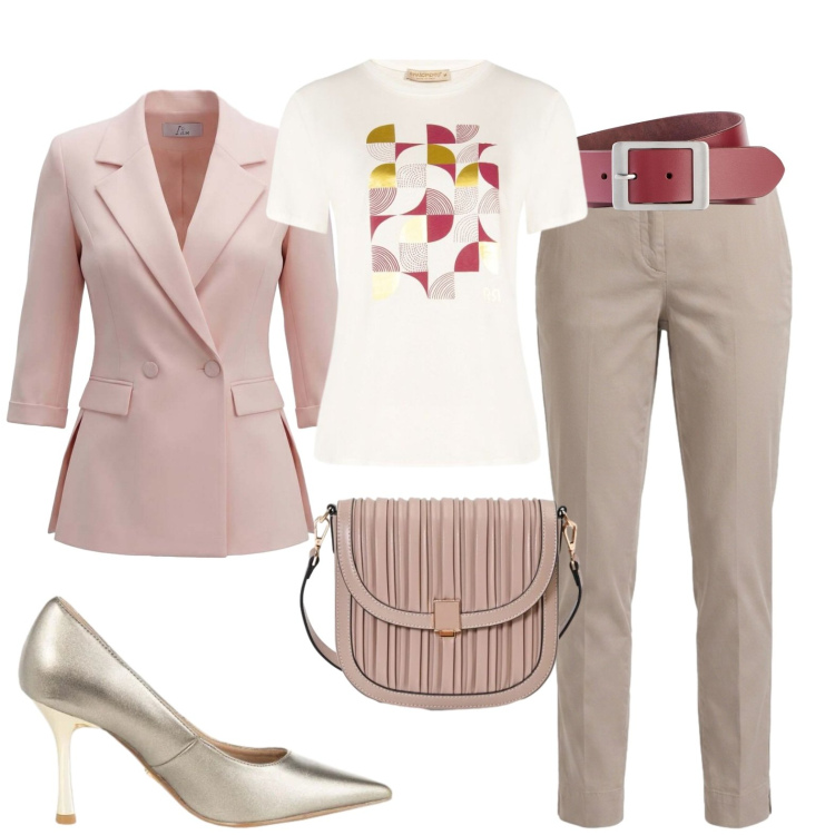 Outfit donna - Charme. Stile Casual chic per Tutti i giorni. Abbinamento con cinture, pantaloni, blazer, borse a tracolla, décolleté, t-shirt.