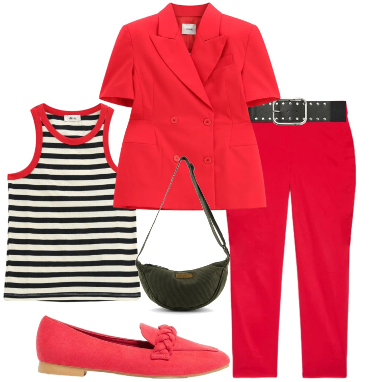 Outfit donna - Con stile casual. Stile Casual per Tutti i giorni. Abbinamento con mocassini, blazer, top, cinture, pantaloni, borse a tracolla.