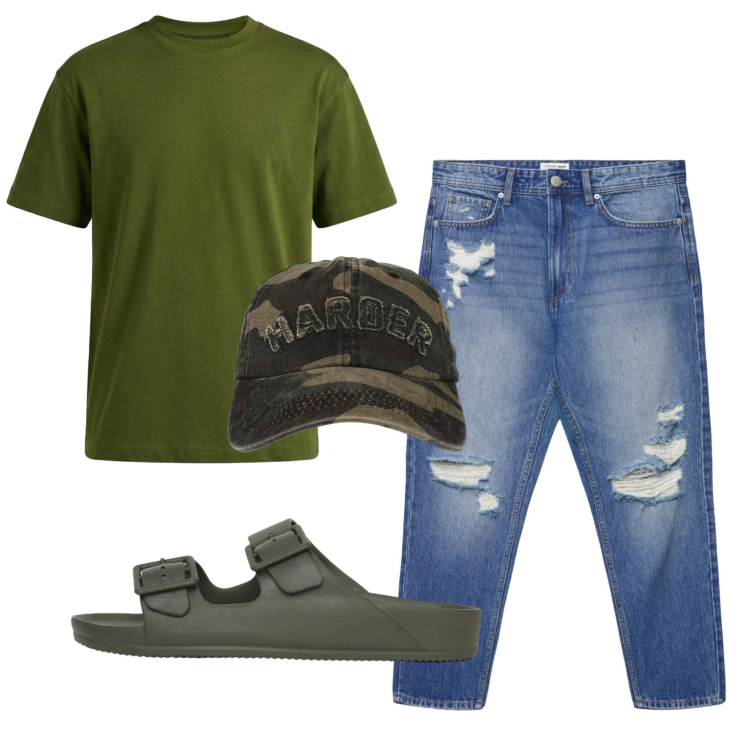 Outfit uomo - Total look #2452559. Stile Casual per Tutti i giorni. Abbinamento con t-shirt, jeans strappati, cappelli con visiera, sandali.