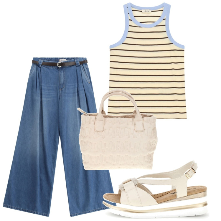 Outfit donna - Metropolitan Escape. Stile Casual per Tutti i giorni. Abbinamento con canottiere, jeans, sandali, borse a mano.