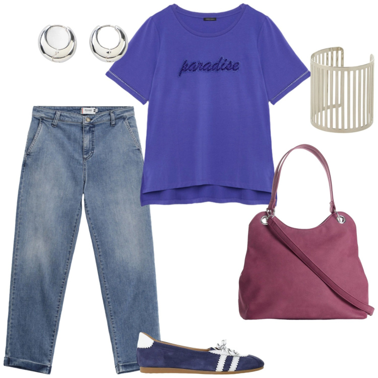 Outfit donna - Agosto. Stile Casual chic per Tutti i giorni. Abbinamento con borse a mano, orecchini, braccialetti, ballerine, jeans, t-shirt.