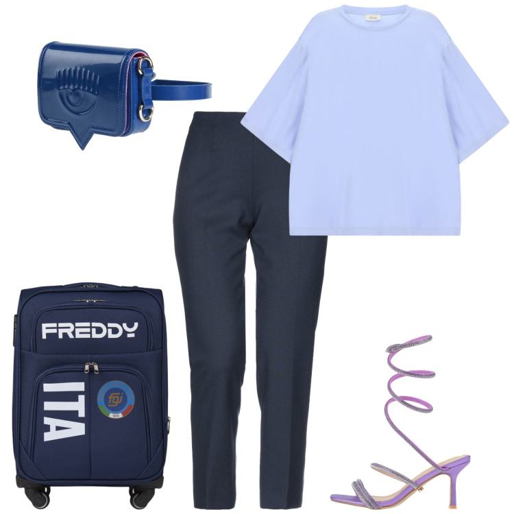Outfit donna - Partenza in aereo. Stile Casual chic per Tutti i giorni. Abbinamento con pantaloni, marsupi, sandali col tacco, t-shirt, borse sportive.