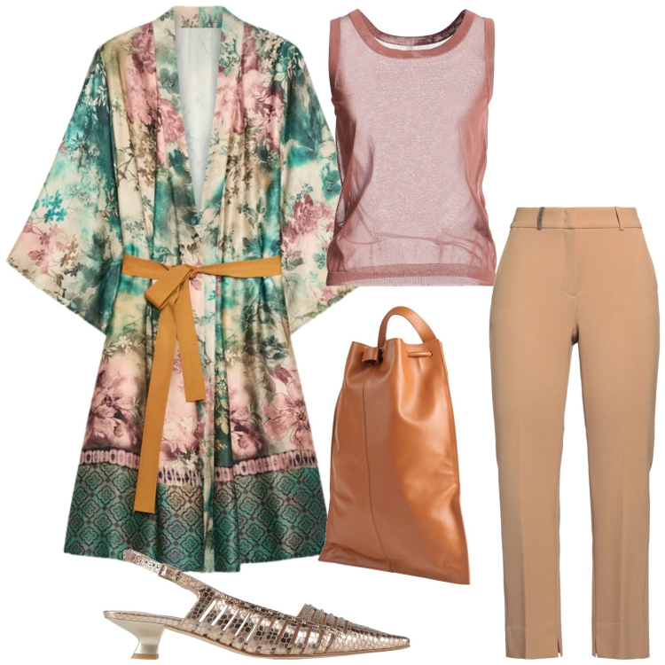 Outfit donna - Total look #2452566. Stile Chic per Serata fuori. Abbinamento con décolleté, pantaloni, top, zaini, kimono.