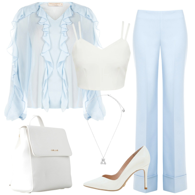 Outfit donna - Eleganza d\'estate. Stile Chic per Cerimonia. Abbinamento con zaini, bluse, pantaloni a palazzo, top, décolleté, ciondoli.