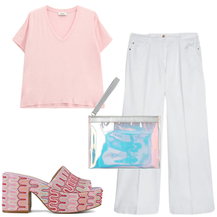 Outfit donna - Total look #2452568. Stile Casual per Tutti i giorni. Abbinamento con pochette, t-shirt, pantaloni, sabot.