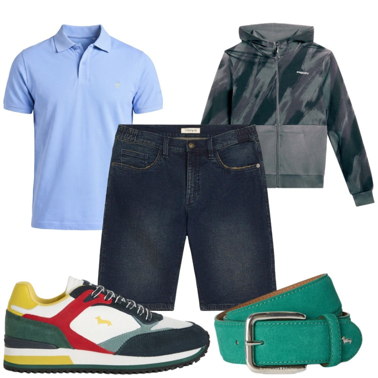 Outfit uomo - Total look #2452569. Stile Trendy per Tutti i giorni. Abbinamento con bermuda, sneakers, polo, cinture, felpe con cappuccio.