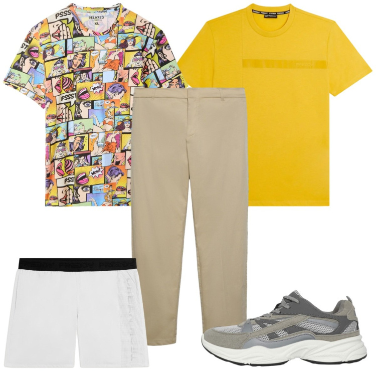 Outfit uomo - Total look #2452572. Stile Trendy per Mare. Abbinamento con pantaloni chino, t-shirt, sneakers, t-shirt, costumi.