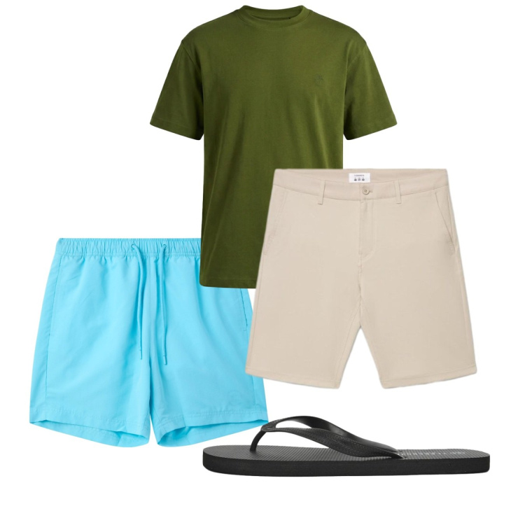 Outfit uomo - Total look #2452575. Stile Casual per Mare. Abbinamento con t-shirt, costumi, sandali, shorts.