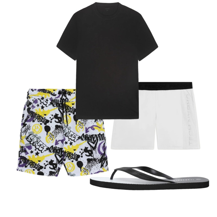 Outfit uomo - Total look #2452579. Stile Casual per Tutti i giorni. Abbinamento con sandali, pantaloni corti, t-shirt, costumi.