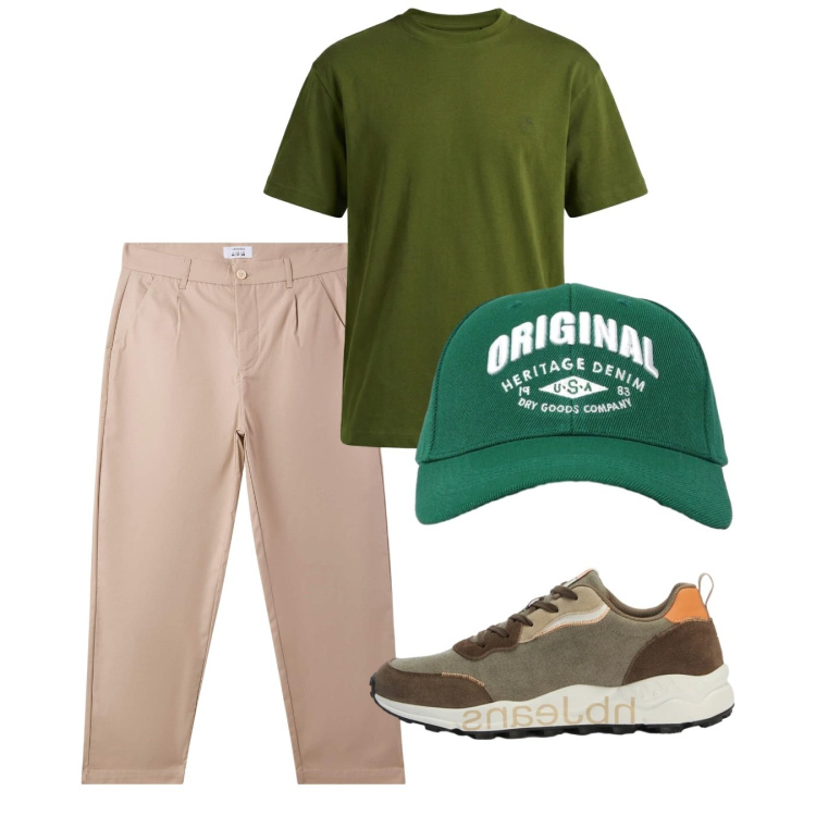 Outfit uomo - Total look #2452585. Stile Casual per Tutti i giorni. Abbinamento con sneakers, t-shirt, cappelli con visiera, pantaloni chino.