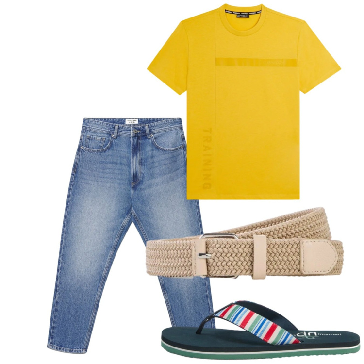 Outfit uomo - Total look #2452595. Stile Casual per Tutti i giorni. Abbinamento con cinture, sandali, jeans, t-shirt.
