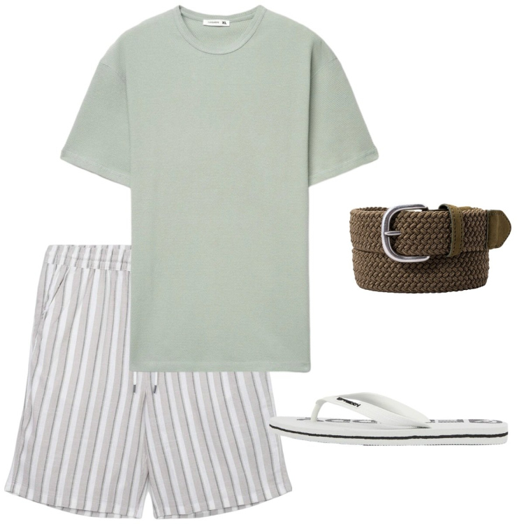 Outfit uomo - Total look #2452597. Stile Casual per Mare. Abbinamento con pantaloni corti, t-shirt, cinture, sandali.