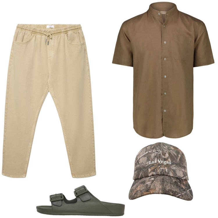 Outfit uomo - Colori della terra. Stile Trendy per Tutti i giorni. Abbinamento con pantaloni, cappelli con visiera, sandali, camicie a manica corta.