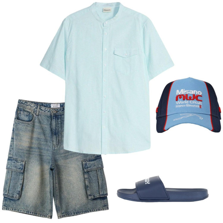 Outfit uomo - Total look #2452607. Stile Casual per Mare. Abbinamento con camicie a manica corta, cappelli, pantaloni corti, sandali.