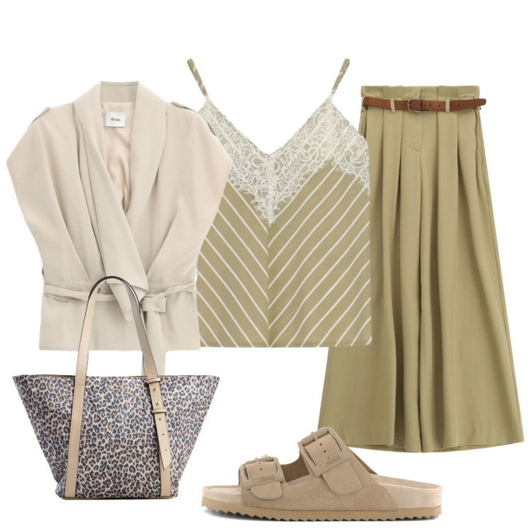 Outfit donna - In città. Stile Chic per Tutti i giorni. Abbinamento con shopping bag, pantaloni a palazzo, blazer, top, sandali in pelle.