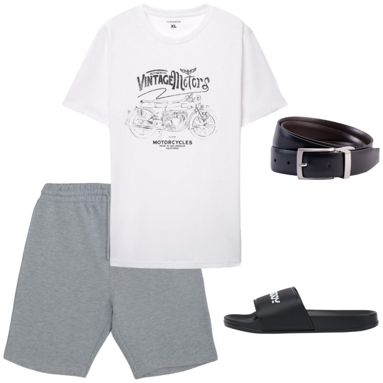 Outfit uomo - Total look #2452628. Stile Casual per Mare. Abbinamento con pantaloni corti, t-shirt, cinture, sandali.