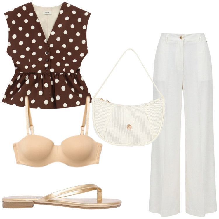 Outfit donna - Tendenze moda a pois. Stile Chic per Tutti i giorni. Abbinamento con sandali, reggiseni, borse a mano, gilet, pantaloni a palazzo.
