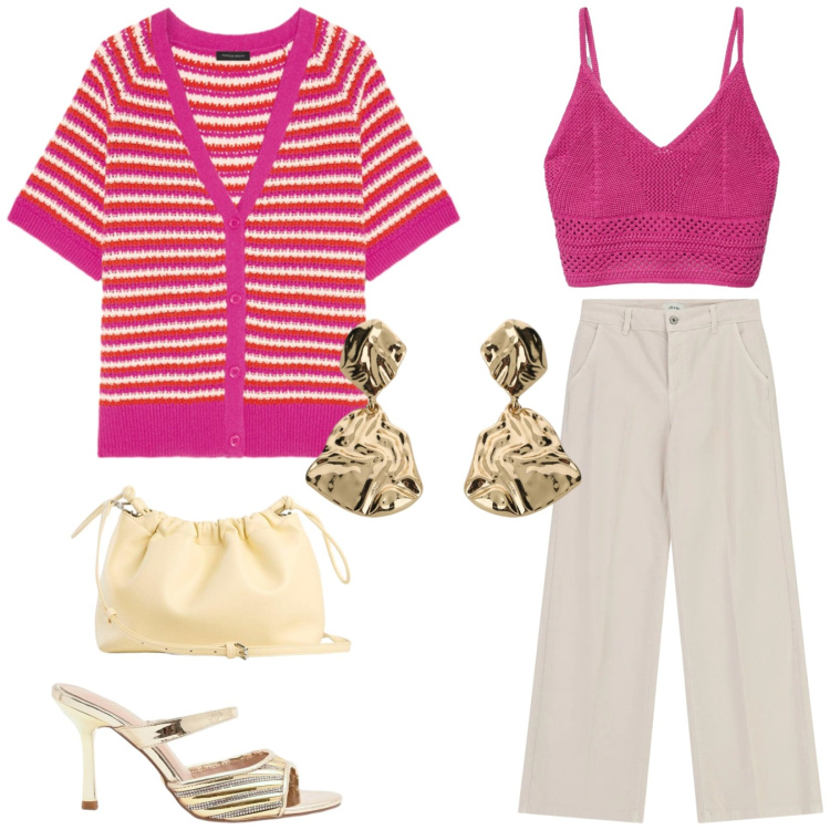 Outfit donna - Total look #2452638. Stile Chic per Serata fuori. Abbinamento con borse a tracolla, top, pantaloni a palazzo, orecchini, sabot, cardigans.