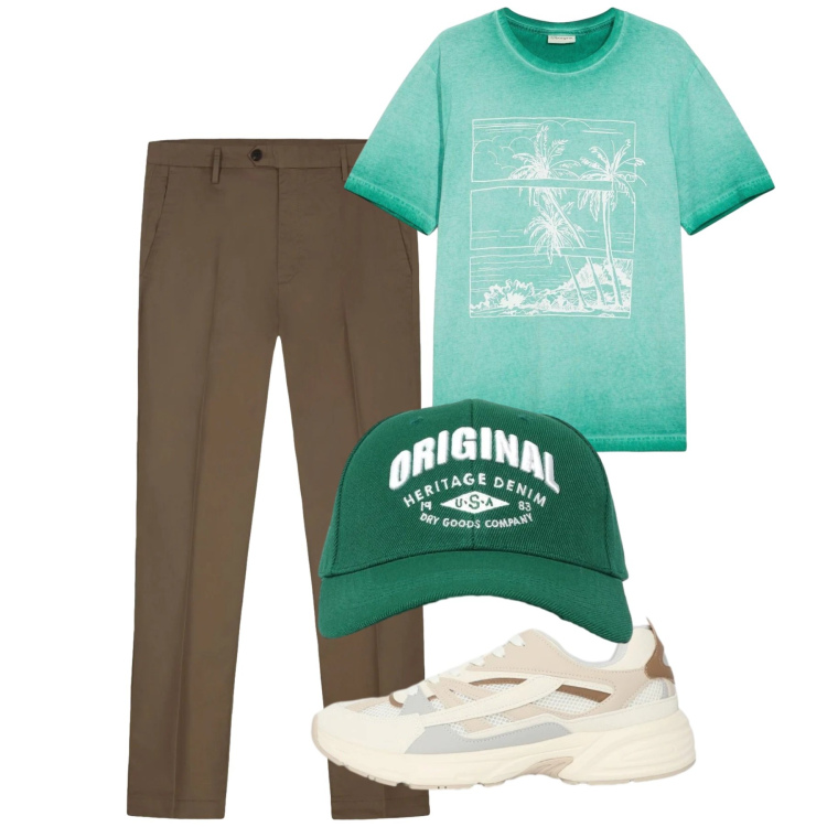 Outfit uomo - Total look #2452640. Stile Casual per Tutti i giorni. Abbinamento con t-shirt, sneakers, cappelli con visiera, pantaloni.