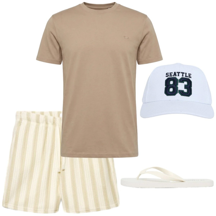 Outfit uomo - Total look #2452644. Stile Casual per Mare. Abbinamento con t-shirt, cappelli con visiera, sandali, pantaloni corti.