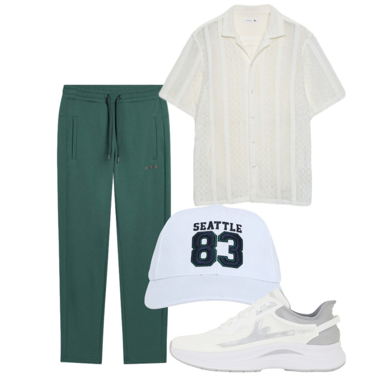 Outfit uomo - Total look #2452646. Stile Casual per Tutti i giorni. Abbinamento con cappelli con visiera, camicie a manica corta, pantaloni, sneakers.