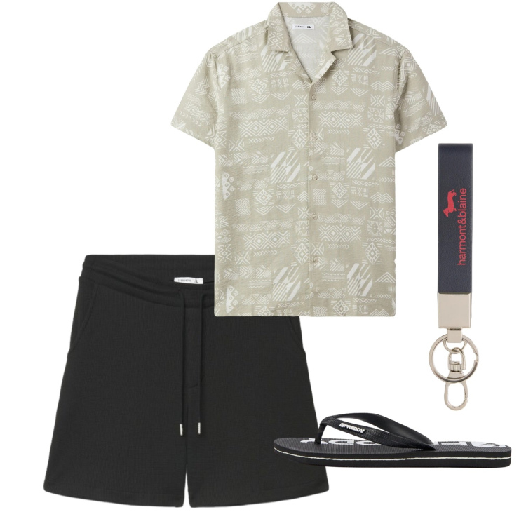 Outfit uomo - Total look #2452647. Stile Casual per Mare. Abbinamento con portachiavi, camicie a manica corta, bermuda, sandali.
