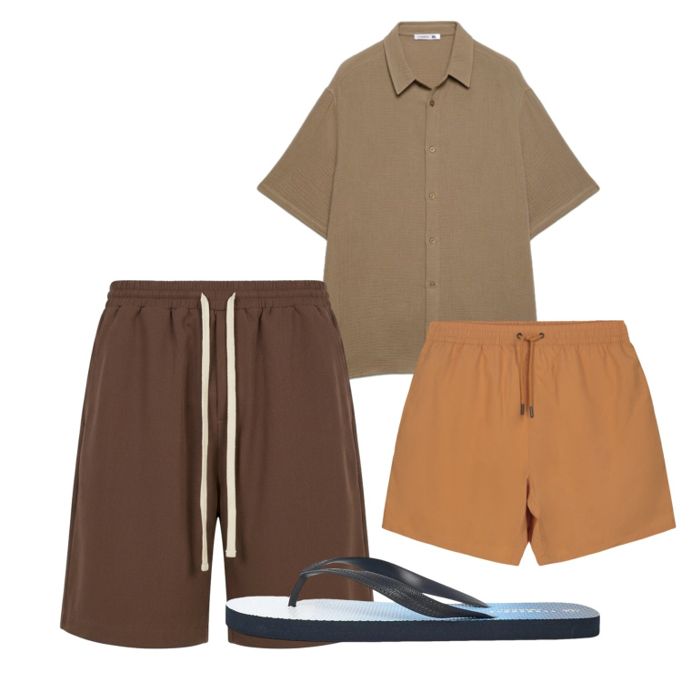 Outfit uomo - Terra. Stile Casual per Mare. Abbinamento con camicie a manica corta, pantaloni corti, sandali, costumi.