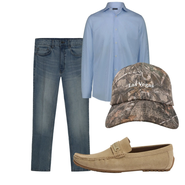 Outfit uomo - Total look #2452653. Stile Casual per Tutti i giorni. Abbinamento con scarpe stringate, cappelli con visiera, jeans, camicie.