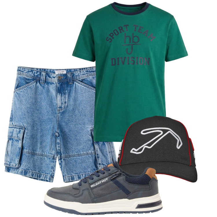 Outfit uomo - Total look #2452662. Stile Casual per Tutti i giorni. Abbinamento con sneakers, t-shirt, cappelli con visiera, pantaloni corti.