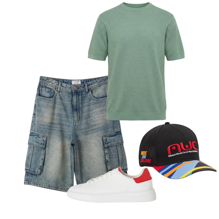 Outfit uomo - Total look #2452664. Stile Urban per Tutti i giorni. Abbinamento con sneakers, t-shirt, cappelli con visiera, pantaloni corti.